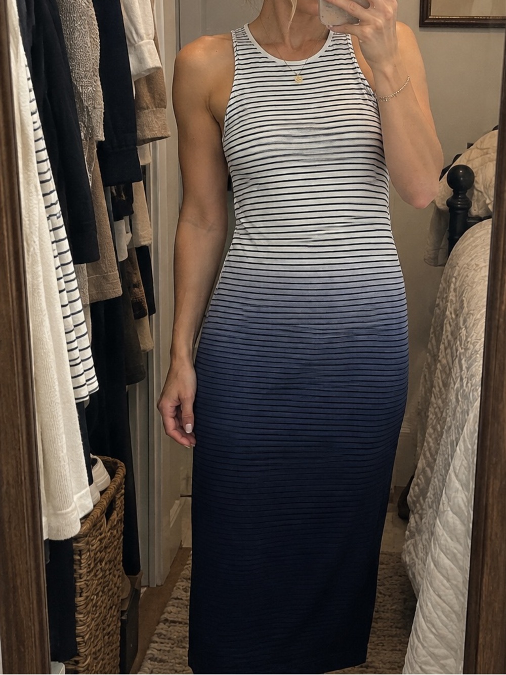 Athleta Ombre Stripe Maxi Midi Tank Dress S Blue White Racerback Resort‎